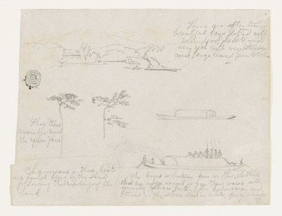 Schizzi dalla Colombia - Alberi e imbarcazioni fluviali (Champans) da Frederic Edwin Church